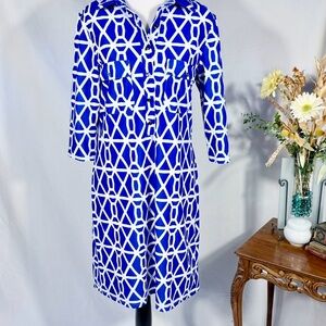 Jude Connally Geometric Print Shirt Dress – Blue & White Stretch Knit Sz M 🧡